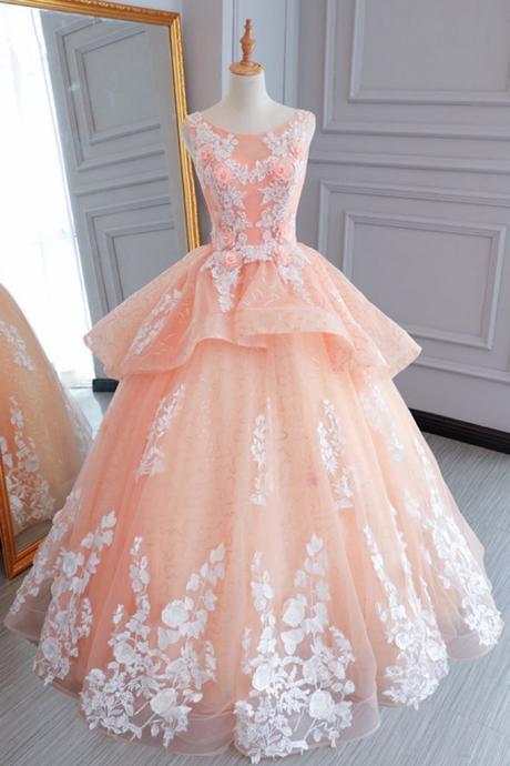 Lace Scoop Neck Applique Tulle Formal Prom Dress, Beautiful Long Prom Dress Sa914