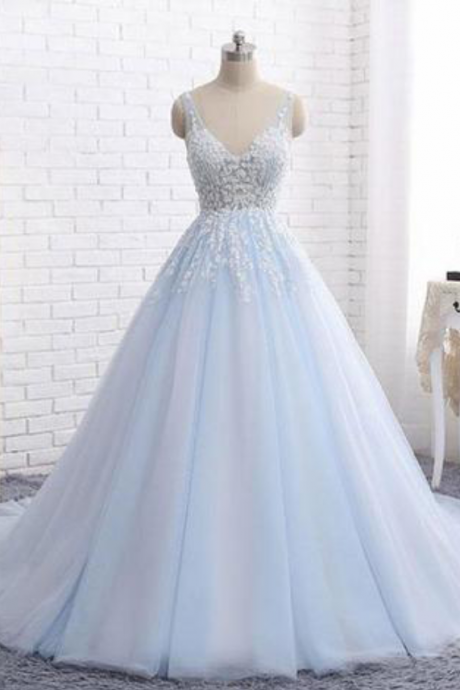 A-line V Neckline Applique Tulle Formal Prom Dress Backless Evening Dress Sa915