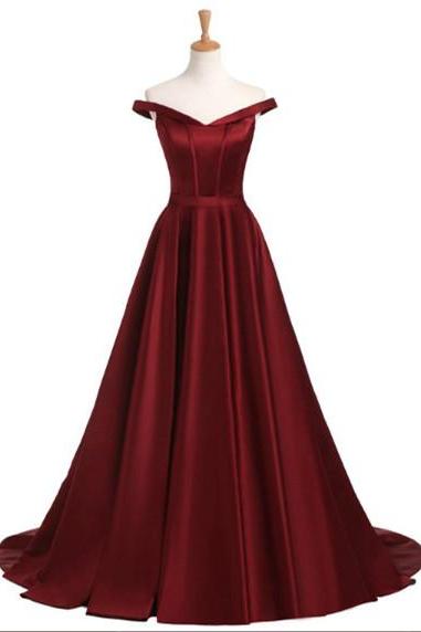 Red A-line Off Shoulder Satin Formal Prom Dress, Beautiful Long Prom Dress Sa939
