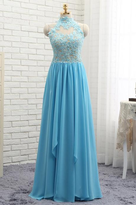 Blue Lace Applique Chiffon Formal Prom Dress Sa943