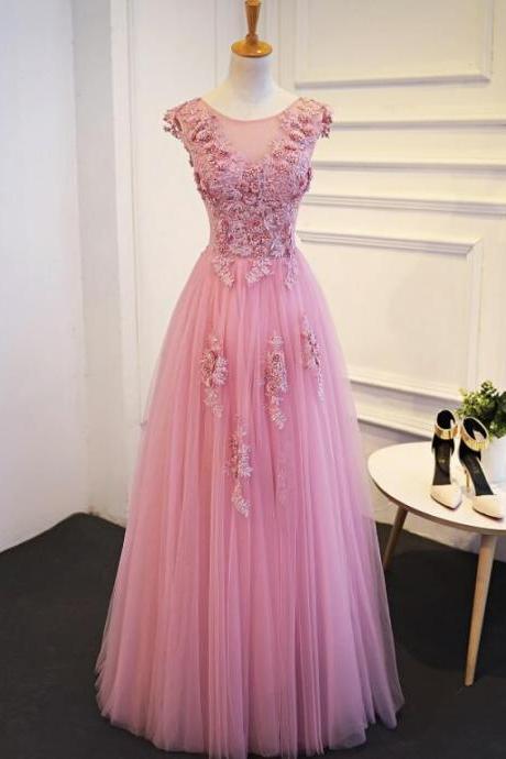 Pink Round Neckline Lace Applique Tulle Formal Prom Dress, Beautiful Long Prom Dress Sa944