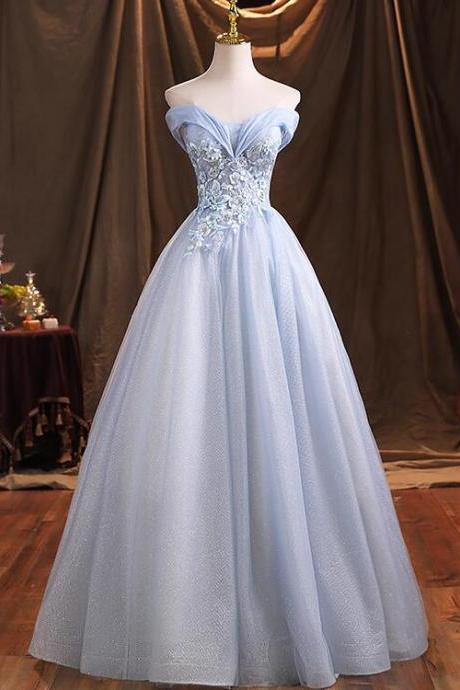Blue Lovely Sweetheart Lace Applique Shiny Tulle Formal Prom Dress Sa949