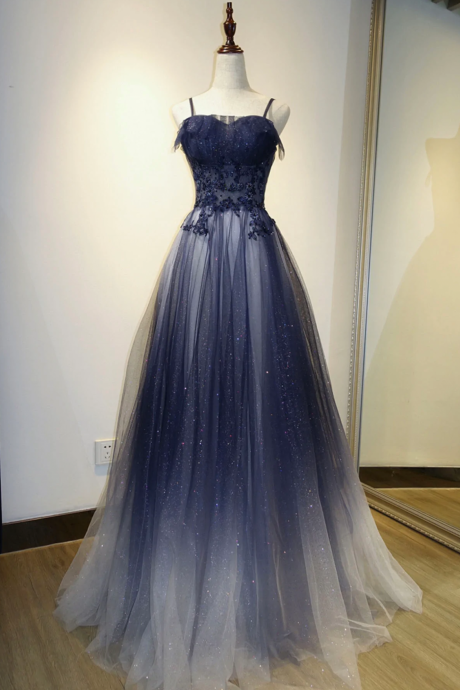 Blue A-line Tulle Formal Prom Dress, Beautiful Long Prom Dress Evening Dress Sa952