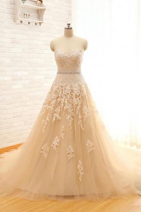 Champagne A-line Sweetheart Lace Tulle Formal Prom Dress, Beautiful Long Prom Dress Sa954