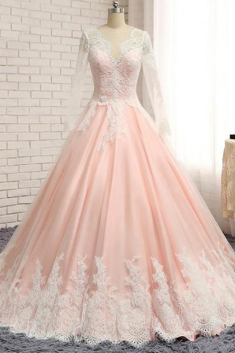 White And Ppink Long Sleeves Applique Tulle Formal Prom Dress, Beautiful Prom Dress Sa955