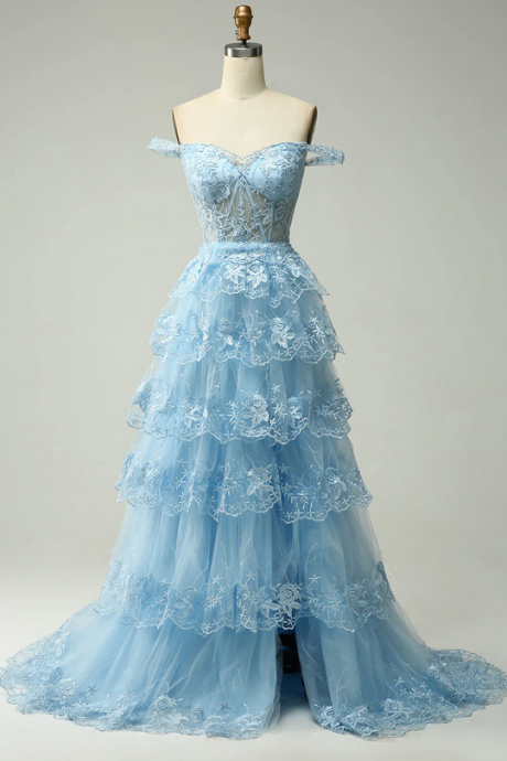 Blue Off The Shoulder Tulle Formal Prom Dress, Beautiful Long Prom Dress Sa956