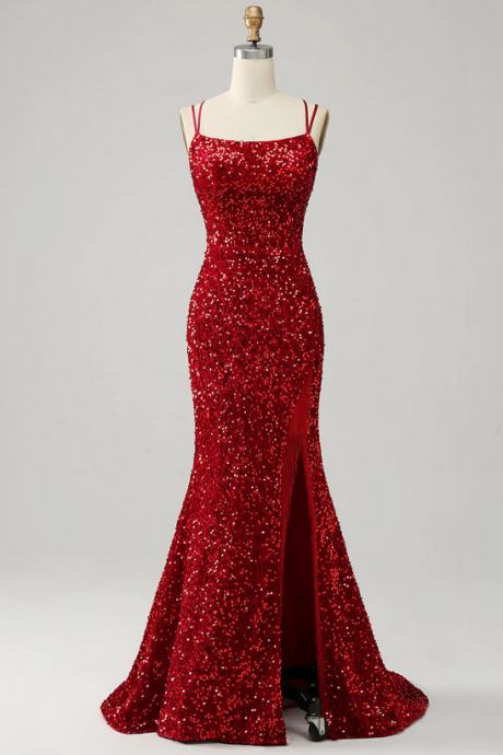 Red Mermaid Sequins Formal Prom Dress, Beautiful Long Prom Dress Sa957