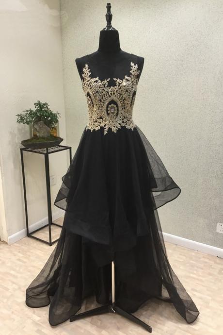 Black And Appliques Tulle Formal Prom Dress, Beautiful Long Prom Dress Sa958