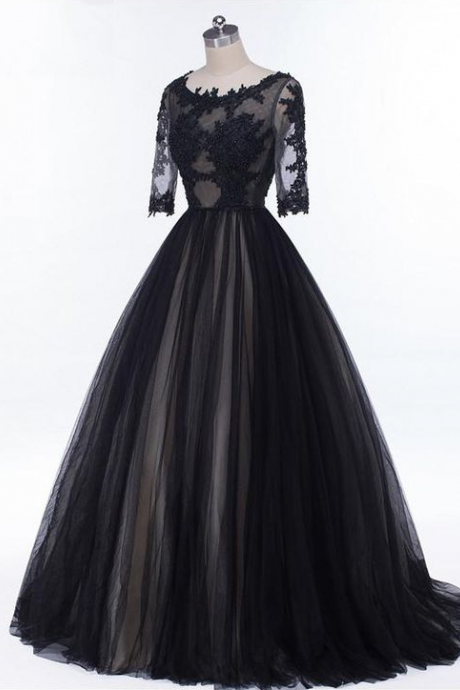 Black Short Sleeve Elegant A-line Appliques Tulle Formal Prom Dress, Beautiful Long Prom Dress Sa961