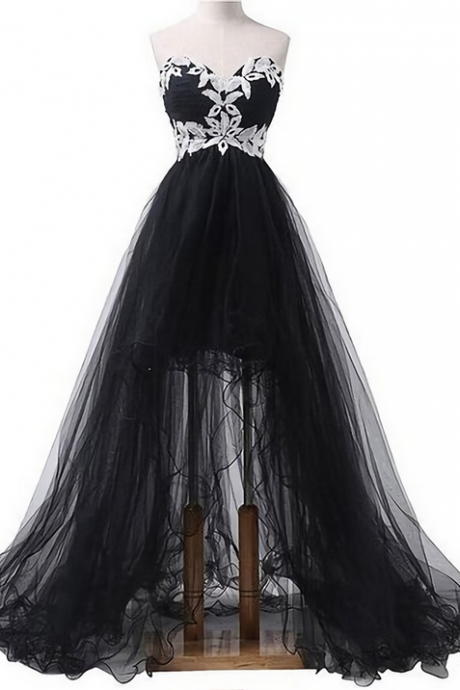 Black And White Applique Elegant Sweetheart Neck Long Tulle Formal Prom Dress, Beautiful Long Prom Dress Sa962
