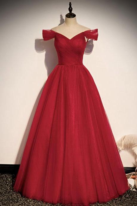Red Tulle Simple A Line Off Shoulder Formal Prom Dress, Beautiful Long Prom Dress Sa965
