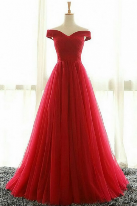 Red A Line Off Shoulder Formal Prom Dress, Beautiful Long Prom Dress Sa967