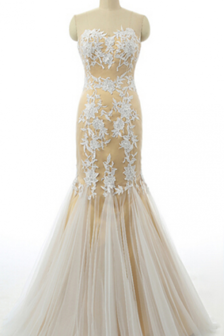 Champagne And White Lace Applique Strapless Formal Prom Dress, Beautiful Long Prom Dress Sa968