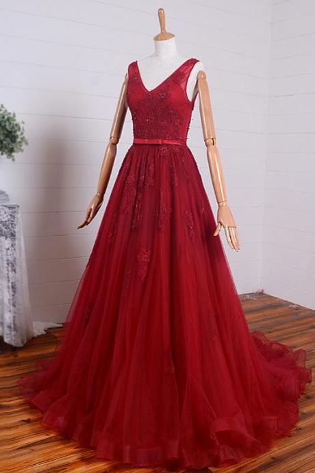 Red Elegant Party Dress, A Line V Neck Lace Applique Long Prom Dress, Long Formal Dress Sa971