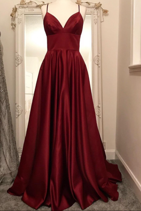 Red Spaghetti Straps Prom Dress,a-line Prom Dress,long Prom Dress,evening Dress Sa972