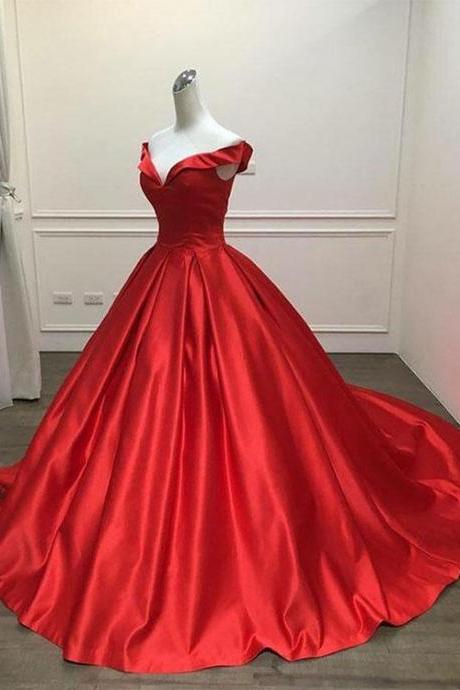 Red V-neck Off The Shoulder Long Prom Dress,satin Evening Dress With Sweep Train Sa978