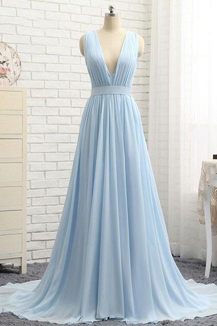 Simple Light Blue V-neck Long Chiffon Prom Dress With Train Light Blue Evening Dress Sa979
