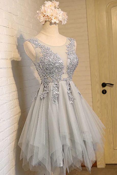 Round Neck Short Gray Lace Prom Dresses, Lace Homecoming Dresses Sa985