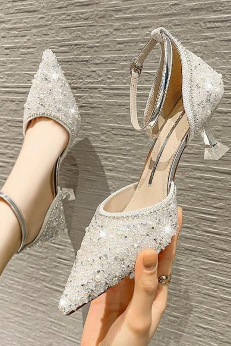 Women Strap Hollow High Heels Pointed Toe Bridesmaid Wedding Shoes (heel 6cm) H315