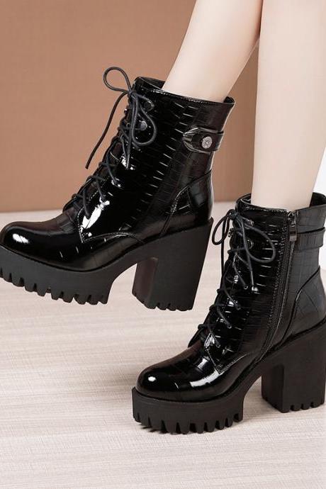 High-heeled Martin Boots For Women, British Style, Autumn And Winter Thick Heel, Thick Sole, Lace-up Patent Leather Short Boots, Single Boots