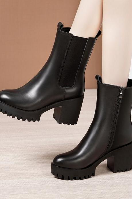 Genuine Leather Martin Boots Thick Sole Waterproof Platform High Heel Women&amp;#039;s Mid-calf Short Boots Heel 8cm H361