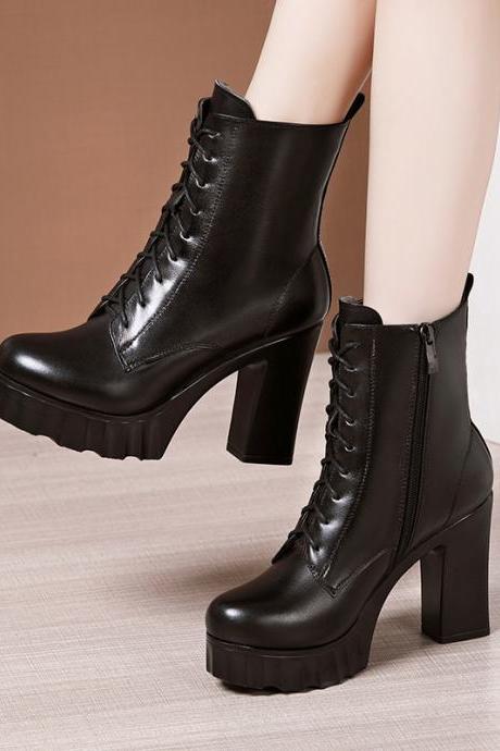 High-heeled Short Boots For Women, British Autumn And Winter Thick-soled Waterproof Taichung Boots, Lace-up Martin Boots H362