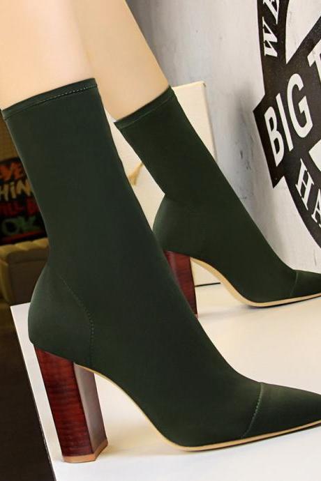 Women&amp;#039;s Shoes Simple Wood Grain Heel Thick Heel High Heels Pointed Toe Slimming Short Boots H385