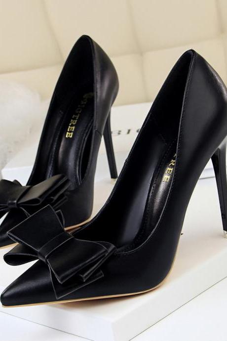 Stiletto High Heels, Slimming, Shallow Mouth, Pointed Toe Bow Women's Shoes H392