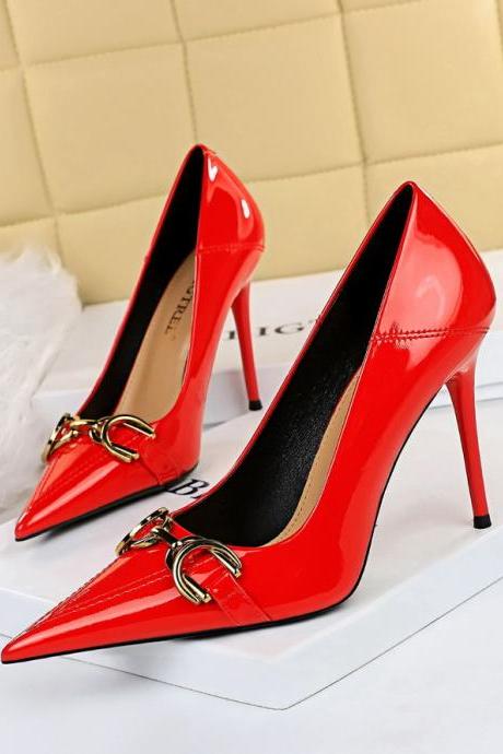 10.5cm High Heels Women&amp;#039;s Stiletto Shiny Patent Leather Shallow Mouth Pointed Toe Ol Metal Belt Buckle Shoes H397