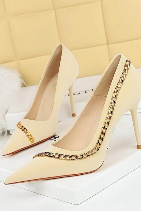 Thin Stiletto Heel Super High Heel Shallow Mouth Pointed Toe Metal Chain Chain Women&amp;#039;s Shoes H401