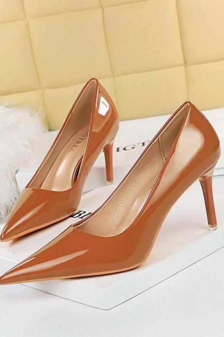 7.5cm Simple Stiletto Shiny Patent Leather Shallow Mouth Pointed Toe Women's Shoes High Heels Women's Single Shoes H405