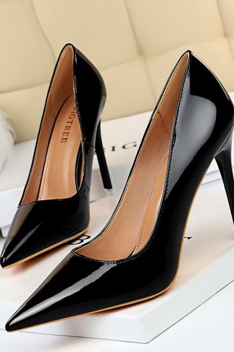 10.5cm Simple Stiletto Shiny Patent Leather Shallow Mouth Pointed Toe Women's Shoes High Heels Women's Single Shoes