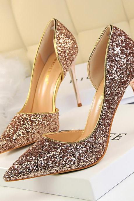 Slim women's shoes, stiletto high heel, shallow mouth, pointed toe, side hollow sequined shoes H407