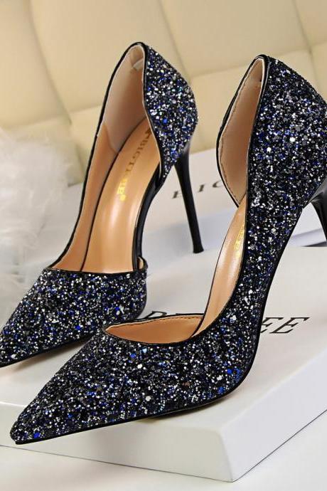 Slim Women's Shoes, Stiletto High Heel, Shallow Mouth, Pointed Toe, Side Hollow Sequined Shoes H408