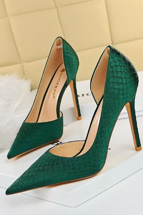 Women's thin-heeled shallow-cut side hollow snake-print satin shoes high heels 7.5cm H411