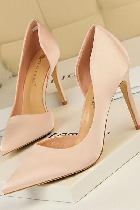 Stiletto Satin Shallow Mouth Pointed Toe Side Hollow Slimming Single Shoes Women&amp;#039;s High Heels H413