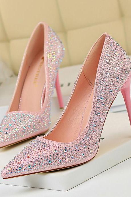 Thin Heel, Shallow Mouth, Pointed Toe, Sexy Slimming Rhinestone Colored Diamond High Heel Women's Shoes Heel 10cm H415