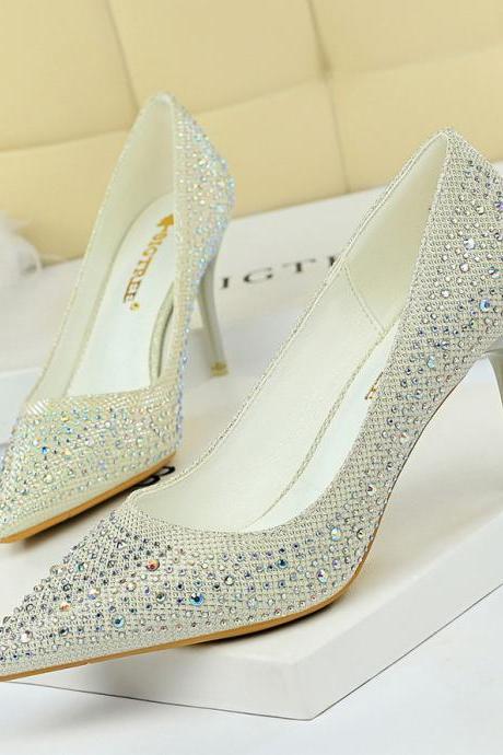 Thin Heel, Shallow Mouth, Pointed Toe, Sexy Slimming Rhinestone Colored Diamond High Heel Women's Shoes Heel 7cm H417