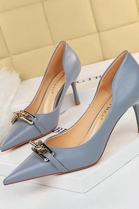 Women's Shoes, Stiletto Heel, Pointed Toe, Hollow Metal Buckle Decorative High Heels H423