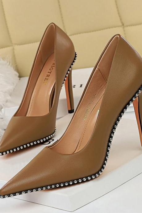 High Heels Women's Shoes Stiletto High Heels Shallow Mouth Pointed Toe Rivet Shoes Heel 7.5cm H424