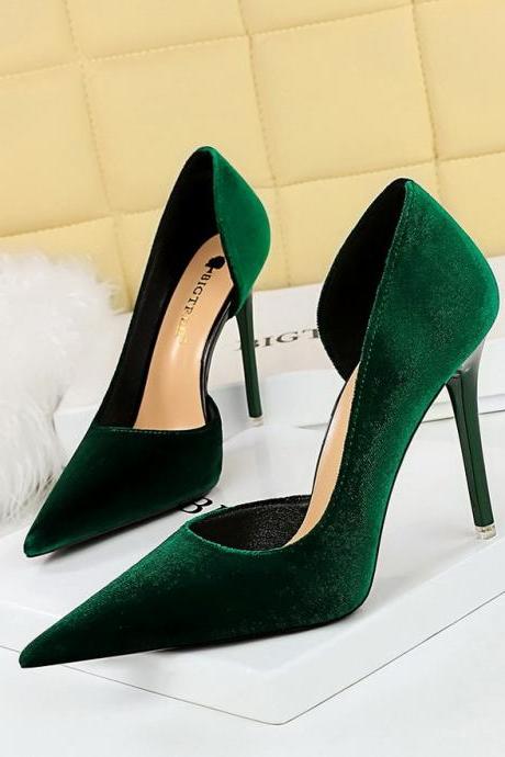 Women's Stiletto Heel, Shallow Mouth, Pointed Toe Side Hollow Xishi Suede High-heeled Shoes H426