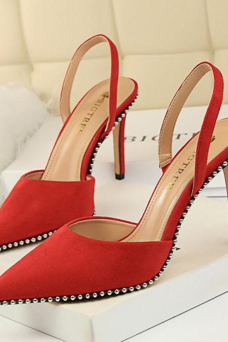 High-heeled Suede Shallow Cutout Hollow Back Strap Rivet Pointed Toe Women&amp;#039;s Sandals H427