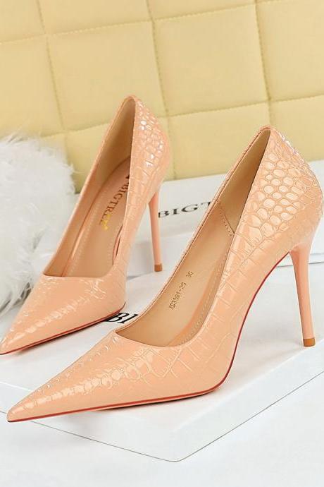 Women's Slender-heeled Shallow Pointed-toe Patent Leather Snake-print High-heeled Shoes H428