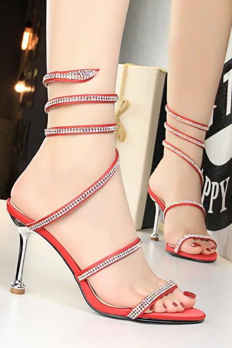 Women&amp;#039;s Shoes Stiletto High Heel Snake Wrap Rhinestone Ankle Wrap Sandals H433