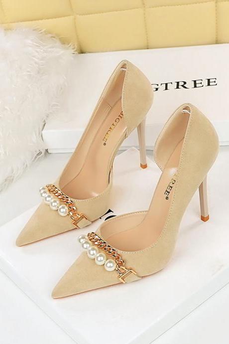Women&amp;#039;s High-heeled Suede Shallow Pointed Toe Pearl Metal Chain Side Hollow Shoes Heel 11cm H434