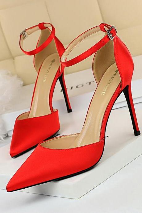 Women's High-heeled Satin Shallow Pointed Toe Hollow Strap Sandals H440