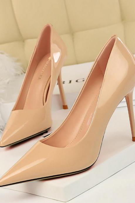 Stiletto High Heel Patent Leather Shallow Mouth Pointed Toe Sexy Slimming Professional Ol Women's Shoes H441