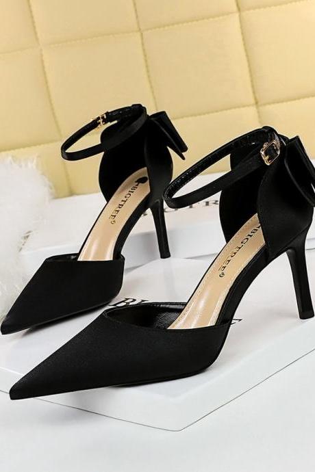 High-heeled Shoes, Satin, Hollow, Shallow Mouth, Pointed Toe, One-line, Hollow Bow, Women&amp;#039;s Sandals H442