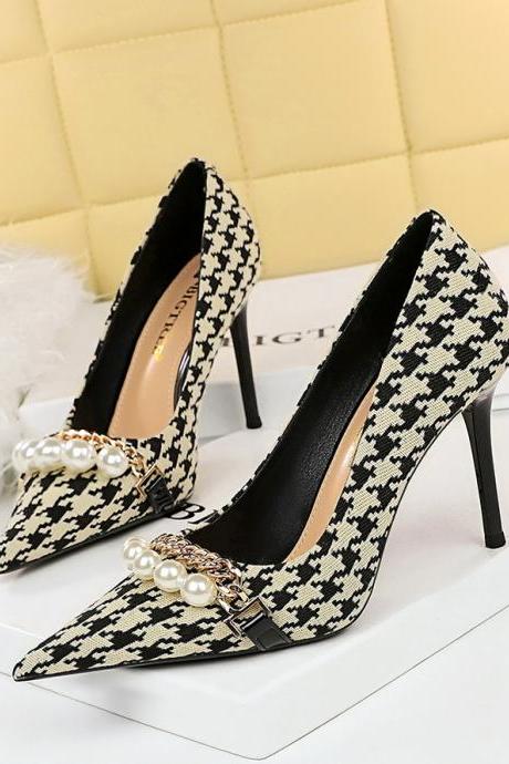 Houndstooth High Heels Stiletto High Heels Shallow Mouth Pointed Toe Pearl Chain Plaid Pattern Women's Single Shoes H443