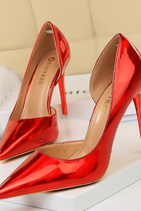 Metallic High Heels Stiletto High Heels Shallow Tops Pointed Toe Side Hollow Women's Single Shoes H444